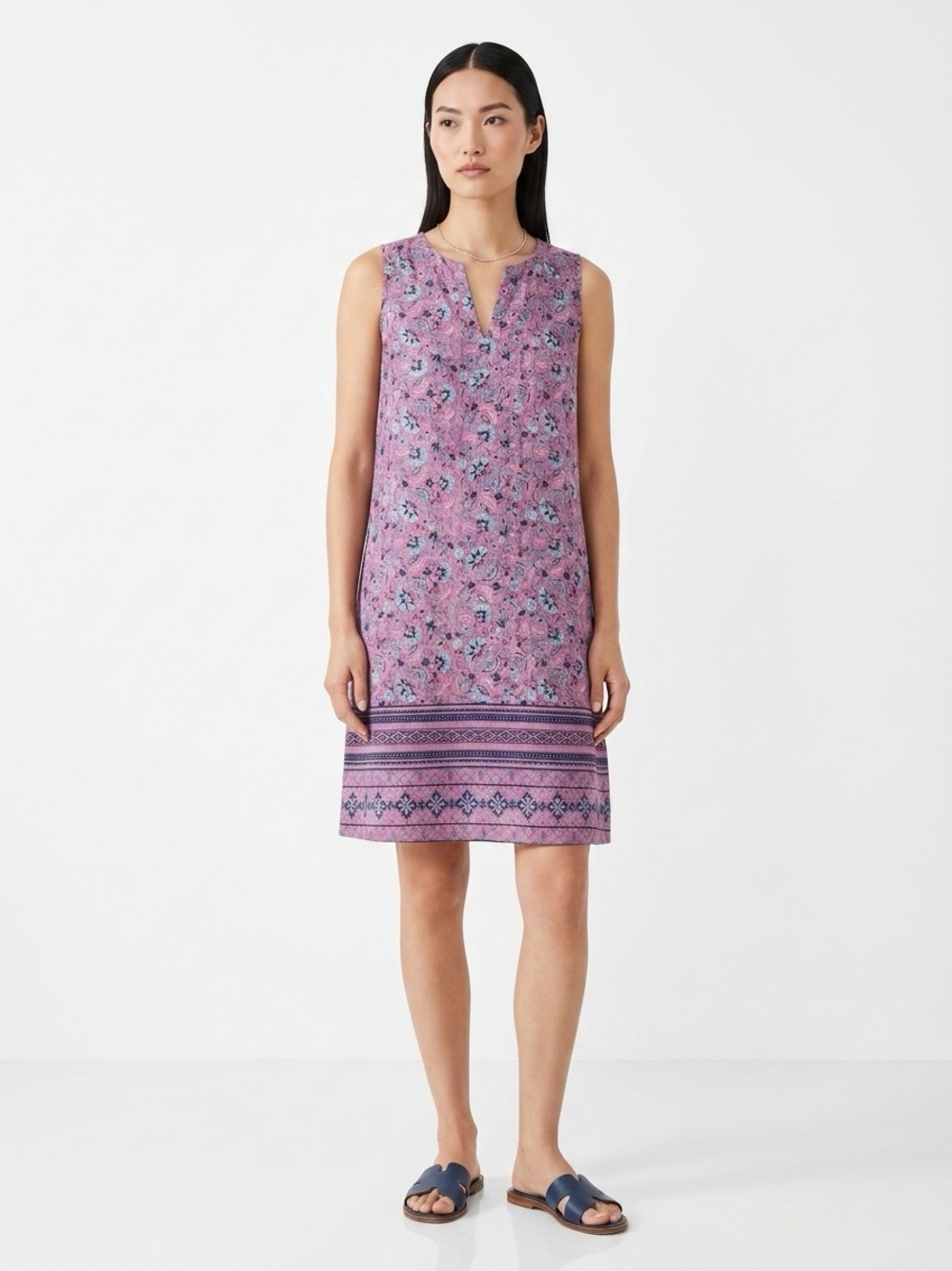 J.Jill Love Linen Floral Midi V-Neck Dress Pink Blue Purple XS Petite